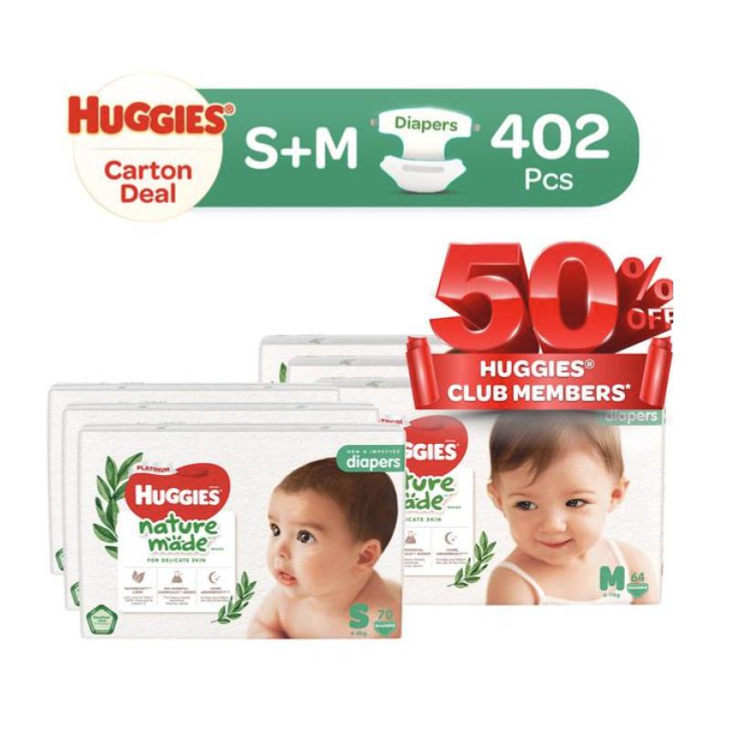 (Twin Cartons) Huggies Naturemade Platinum Tape Diapers S + M